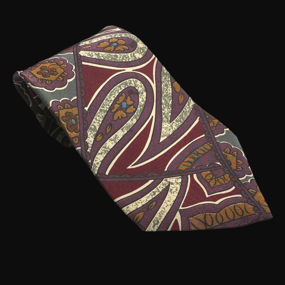 Ted Lapidus Paris Mens Silk Tie‎ Burgundy Grey Abstract Paisley Floral Vintage